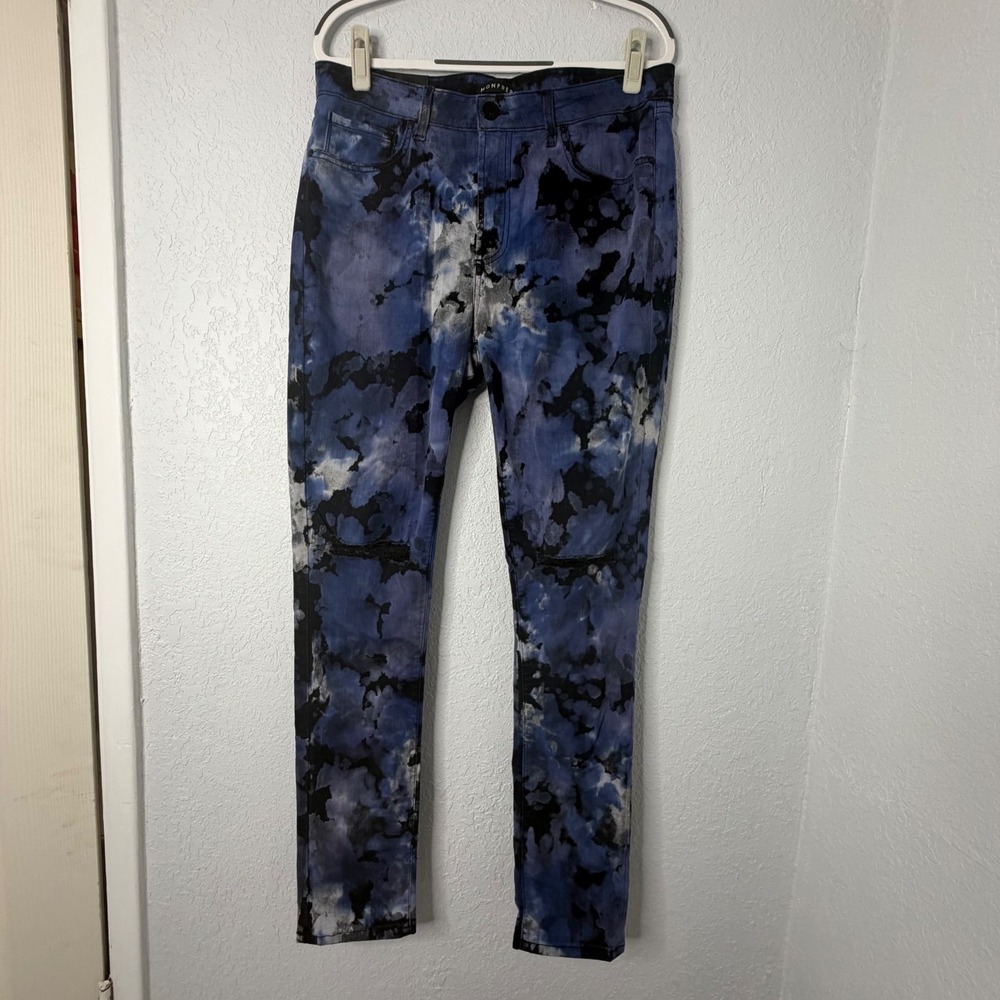 Monfrere Greyson Distressed Skinny Jeans Mens 36 Blue Black Tie Dye Bleach Wash‎